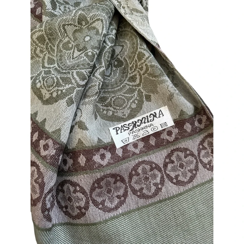 Whimsygoth Boho Pashmina Paisley Shawl Olive Brown Oversized Fringe Scarf 72